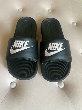 Nike Black Slides with White Swoosh and Logo